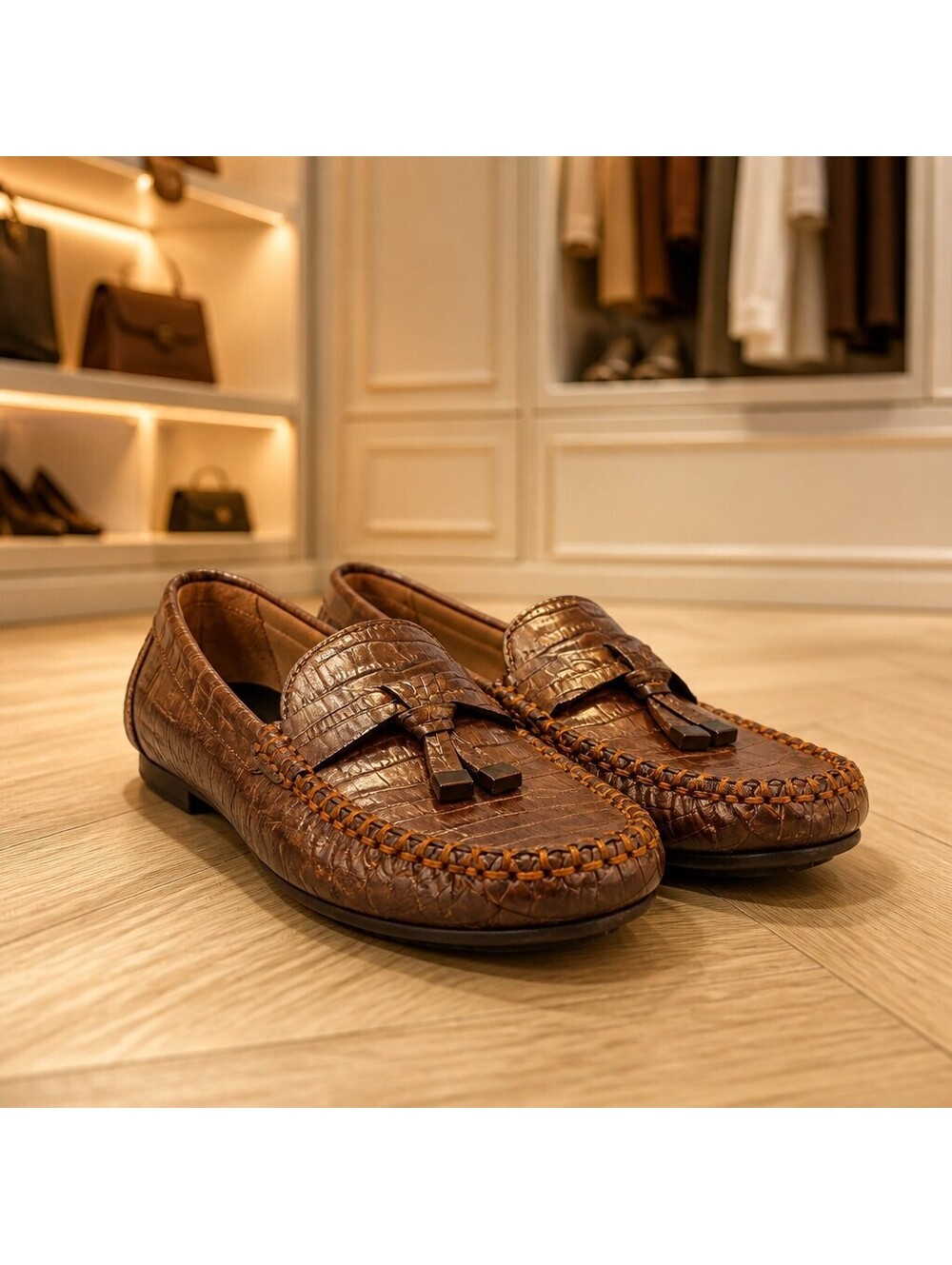 Vintage 90s Impo Dario Brn Alligator Print Tassel Driving Loafer Shoes 8.5M 1264